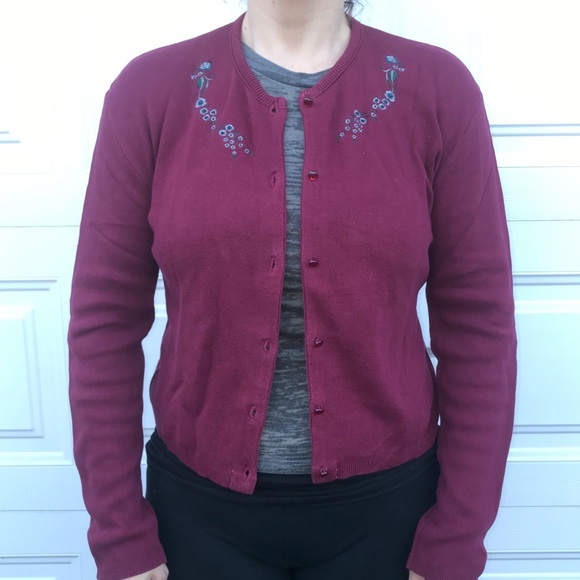 Morbid threads maroon cardigan flower embroidery M - Picture 3 of 8